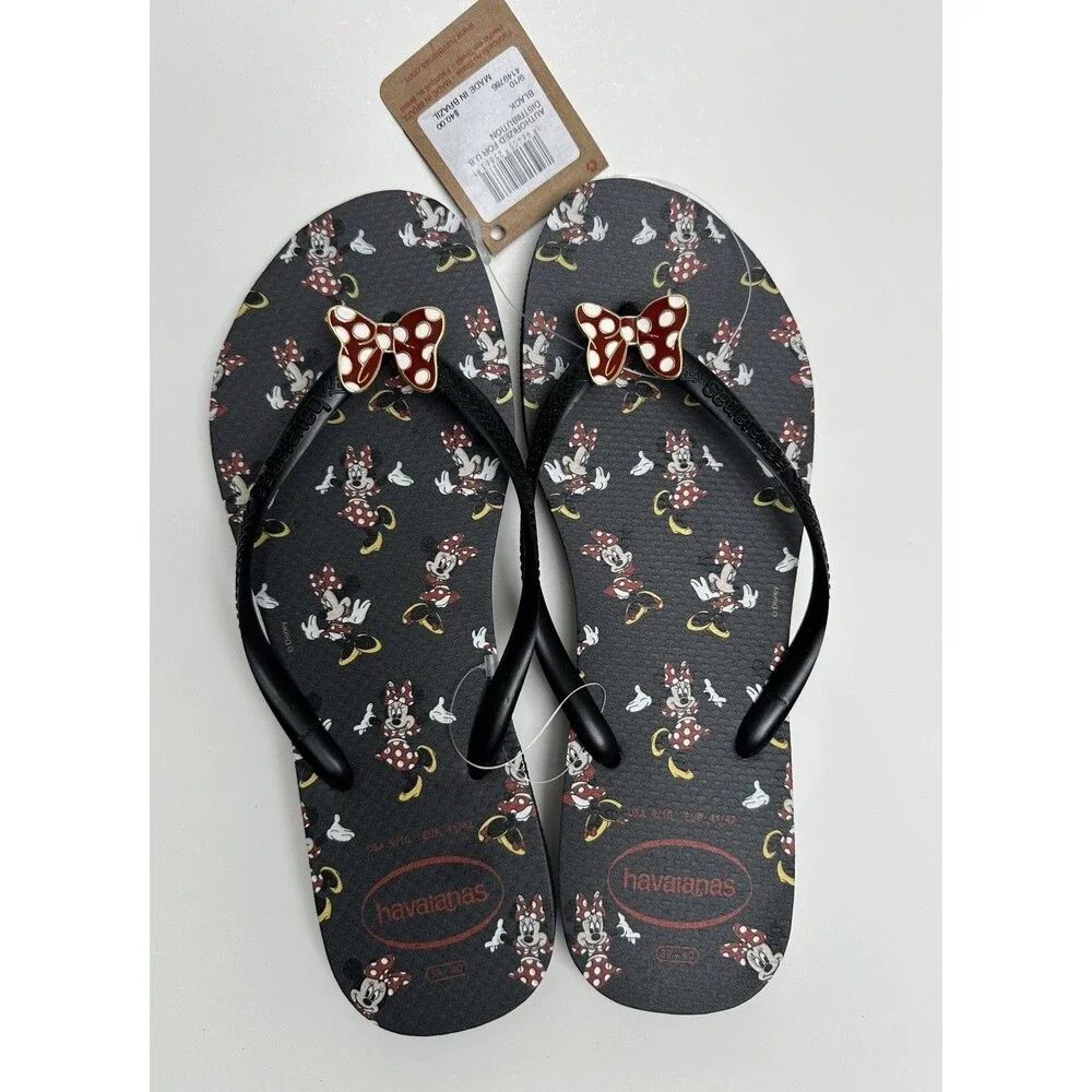 Havaianas Minnie Mouse Flip Flops Women’s 9/10 Metal Bow Charms Black Disney NWT - Picture 1 of 5